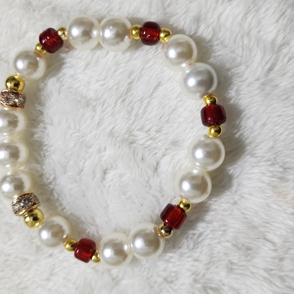 Elegant Pearl and Red Bead Bracelet Handcrafted by Carolle